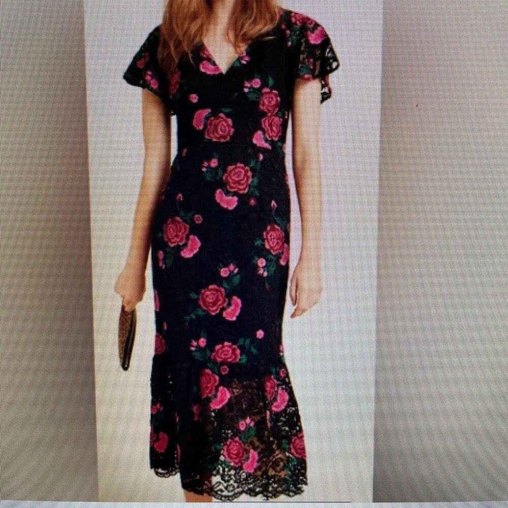 Shoshanna Anthropologie "Audette" Rose lace midi dress